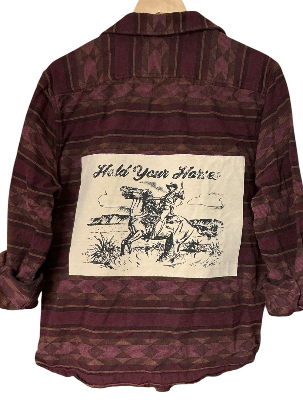 Western Upcycled Hold Your Horses Cowboy T Shirt Flannel Top Rodeo Southwestern